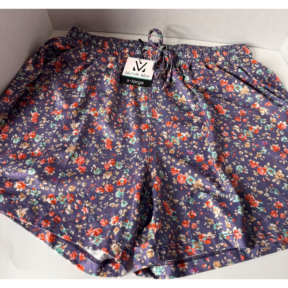 Michelle Mae Purple Floral Elastic Drawstring Waist Shorts XL New With Tags